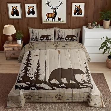 Imagem de Feelyou Jogo de cama King rústico para crianças, adultos, urso, caça, urso, animal, preto, edredom rústico, cabana de fazenda, feminino, homem, marrom, conjunto de cama de madeira
