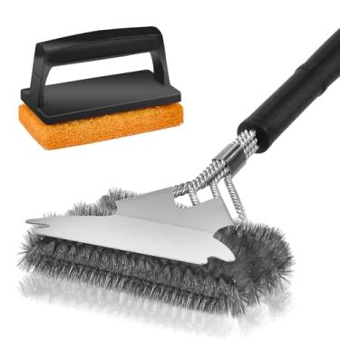 Imagem de Escova e raspador de grelha com esfregão de grelha, cabo confortável de 43 cm, limpador de grelha de aço inoxidável, kit de escova de limpeza de churrasqueira para uso doméstico, restaurante e