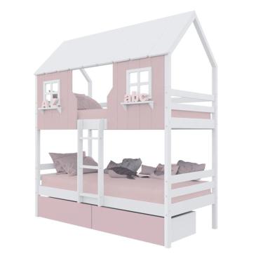 Imagem de Beliche Casinha Encantada com 02 Gavetas Madeira Maciça Rosa/ Branco Megamobilia