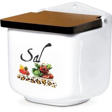 Imagem de Saleiro de Cerâmica Branco Decorado e Tampa de Madeira - SEGUNDA LINHA