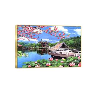 Imagem de BMZFYBS Impressão em tela de paisagem - Ponte Lago Flores de Lótus - Arte de parede natural Imagem Chinoiserie - Pôster de decoração de moldura dourada 80 x 120 cm 31 x 47 pol