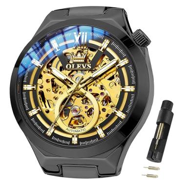 Imagem de OLEVS Relógios de pulso masculinos automáticos esqueleto com corda automática, designer mecânico, luxuoso, aço inoxidável, impermeável, original, relógios de pulso para homens, 6722: pulseira preta e