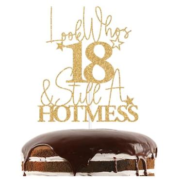 Imagem de Gold Glitter Look Who's 18 & Still A Hotmess Cake Topper, 18 e Adulto/Tempo para Adulto, Engraçado Decoração de Festa de Aniversário de 18 Anos Suprimentos