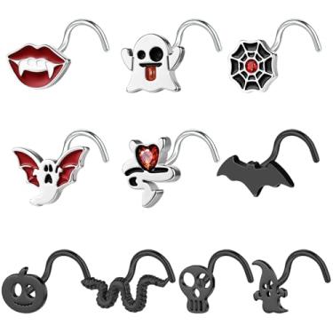 Imagem de BodyAce Anéis de nariz de 20 g para Dia das Bruxas, brincos de narina, aço inoxidável, piercing de nariz em forma de L, caveiras de morcego, abóboras, joias de Halloween, Aço inoxidável Zircônia