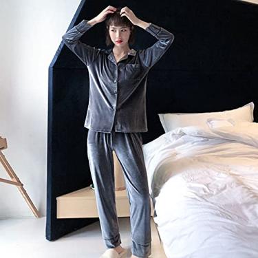 Imagem de Pijama Feminino De Inverno - Pijama De Veludo Dourado De Inverno Terno De 2 Peças Moda Veludo Calças De Manga Comprida Sexy Autocultivo Serviço Doméstico Lapela Ret, Grey, XXL