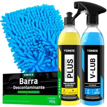 Imagem de Kit Cera Limpeza Plus Lubrificante V-Lub Vonixx Barra Descontaminante V-Bar Vintex Luva Microfibra Tentáculos Karbox