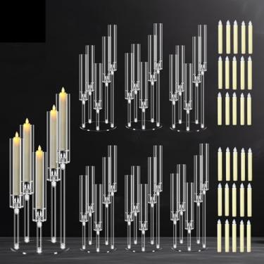Imagem de Cheloment 6 conjuntos de peças centrais de candelabro acrílico de 5 braços para mesas, suporte de vela transparente de 58 cm para jantar de casamento e decoração de casa, castiçais com velas de LED