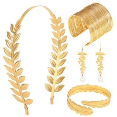 Imagem de Sixexey Goddess Greek Accessories Golden Toga Laurel Leaves Costume Headband Braço Punho Conjunto de Brincos de Coroa de Folha de Noiva Acessórios de Joias para Mulheres (4PCS)