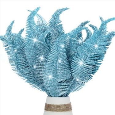 Imagem de 20 peças de folhas artificiais de Natal com glitter e galhos, sprays de folhas falsas brilhantes para palitos de árvore de Natal, enfeite de 25 cm, arranjos de flores, artesanato, grinaldas, decoração