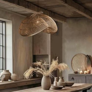 Imagem de SEEAIRSHOP Wabi-Sabi Luz pendente de vime marrom escuro litoral grande pingente de tecido pendurado luz natural cesta lustre fazenda bambu iluminação pendente para cozinha ilha sala de jantar - 39,4