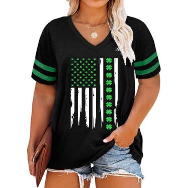 Imagem de Camiseta feminina QAUN St. Patrick's Day Plus Size com decote em V pre