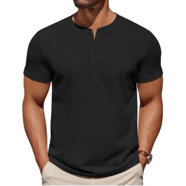 Imagem de Camiseta COOFANDY Summer Henley Cotton para homens preta