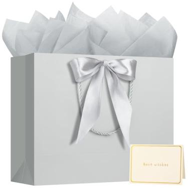 Imagem de 1 bolsa de presente grande com fita e 1 cartão comemorativo, 2 lenços de papel, bolsa de presente de papel portátil com alças (cinza)