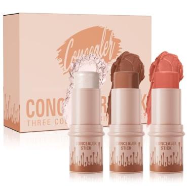 Imagem de Conjunto de 3 peças de bastões de contorno, conjunto de maquiagem em bastão de contorno de 3 cores, kit de corretivo à prova d'água de longa duração, caneta bronzeadora para blush creme e iluminador
