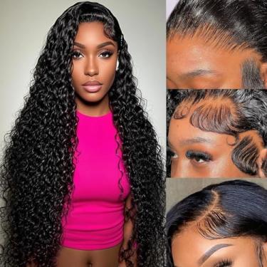 Imagem de Perucas de cabelo humano onduladas profundas de cabelo humano 13 x 4 HD transparente frontal profunda encaracolado 200% densidade pré-arrancada com cabelo de bebê perucas sem cola para mulheres negras