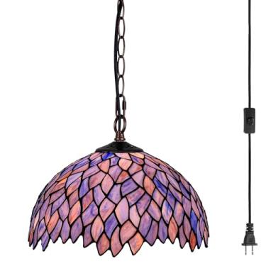 Imagem de GILGGAK Luminária pendente de vidro manchado estilo Tiffany, lâmpada suspensa com design de glicínia de 30,5 cm de largura, corrente de 15 pés, cordão de 30,5 cm, sala de jantar, quarto, cozinha