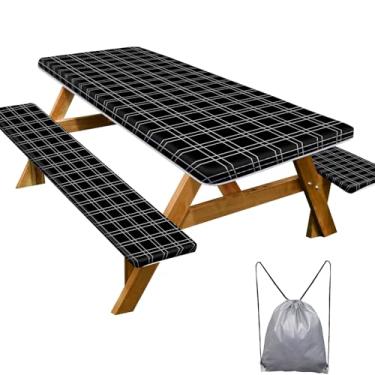 Imagem de Toalha de mesa de piquenique com capas de banco, essencial para acampamento, impermeável, à prova de vento, com bolsa de cordão, mesas e assentos retangulares ajustados, 152 cm, xadrez preto