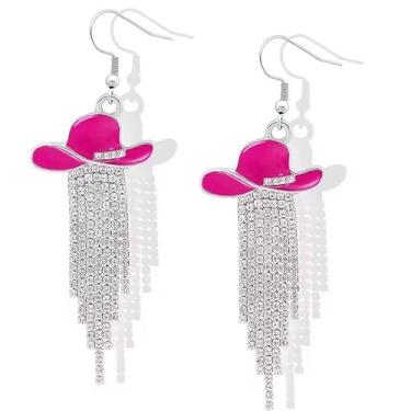 Imagem de LKingel Brincos femininos de chapéu de caubói com strass e borla de strass boho, brincos de caubói, botas de caubói, brincos de bota de caubói country concerto roupas de rodeio joias presente, Metal