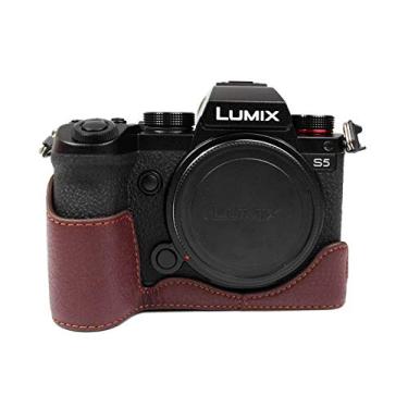 Imagem de Rieibi Capa para câmera Panasonic S5, capa feita à mão de couro genuíno meia câmera compatível com Panasonic Lumix DC-S5, DC-S5II, DC-S5IIX, Café, Couro verdadeiro