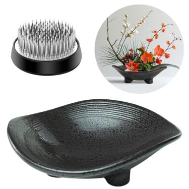 Imagem de Kit de vaso Ikebana de inspiração japonesa, vaso de arranjo de flores pretas com suporte de hastes florais de sapo de flores de 5 cm, tigela Kenzan, ferramenta de alisamento de agulhas, floricultura