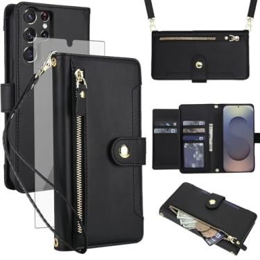 Imagem de Asuwish Capa de celular para Samsung Galaxy S24 Ultra 5G com zíper carteira, com protetor de tela de vidro temperado e alça transversal, suporte para cartão de crédito S24Ultra 24S S 24 24Ultra