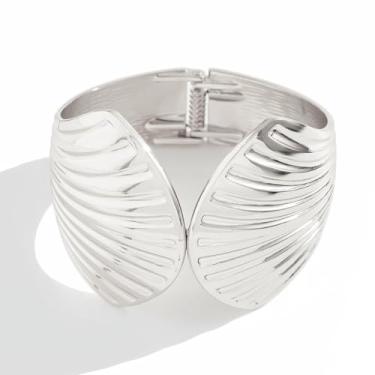 Imagem de Bracelete Grosso Largo Prata Articulado Concha Grande Antebraço-Pulseira Feminina Rígida Mola Leque Texturizada Elegante Praia-Presente Feminino Mãe Namorada Moderno Aberto Amplo Versátil