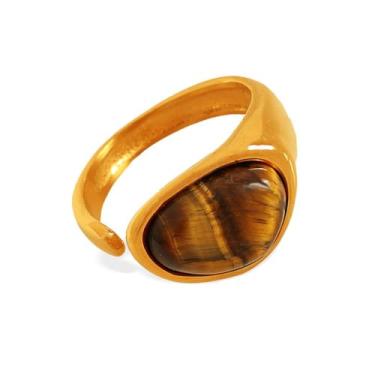 Imagem de Cykdohy Anel de dedo vintage com pedra olho de tigre aberto para mulheres e homens, moderno, geométrico, marrom, pedra natural, anel de dedo de aço inoxidável, empilhável, joias modernas, casamento