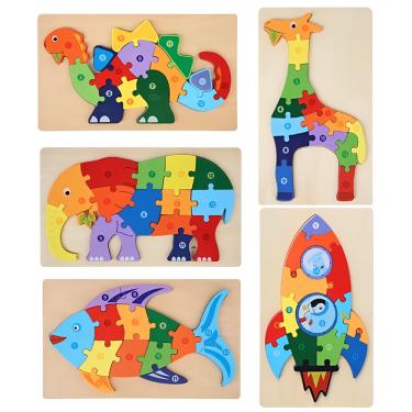 Imagem de Kit 5 Quebra-Cabeças de Madeira 3D Infantil Educativo e Lúdico