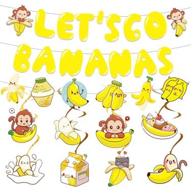Imagem de Banners de decoração de aniversário de banana de macaco - 11 peças kit de decoração com tema de banana inclui 3 bananas Let's Go Bananas Letras 8 tapeçarias de macaco glitter dourado para festa de