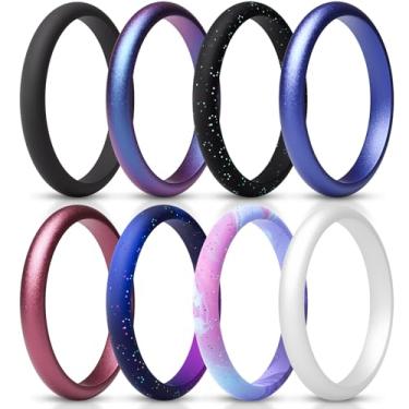 Imagem de ThunderFit Anel feminino fino e empilhável de silicone, alianças de casamento de silicone, 2,5 mm de largura e 2 mm de espessura, pacote variado 1-12, 7.5 - 8 (18.2mm), Silicone, Sem pedra preciosa