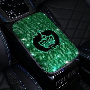 Imagem de MINGZAIQIPEI Almofada de console central automotiva brilhante com strass brilhante, almofada macia para apoio de braço, adequada para SUV, caminhões e protetores de apoio de braço automotivos (verde)