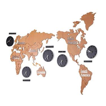 Imagem de Relógio de mapa do mundo, relógio de parede de madeira para decoração de parede/relógio de parede DIY silencioso operado por bateria relógio de quartzo, com moldura de vidro HD, para escritório em