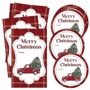 Imagem de Conjunto de adesivos de presente de Natal, etiquetas autoadesivas xadrez de búfalo vintage para presente, caminhão vermelho e árvore de Natal, serve para embrulho de presente, suprimentos de