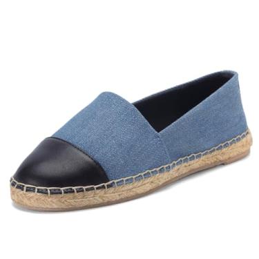 Imagem de Sapatilhas femininas espadrille bico redondo sem cadarço confortável mocassim clássico bege lona sapatilha respirável sapatos casuais, Jeans azul, 38