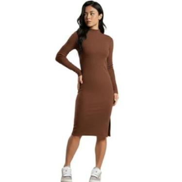 Imagem de Vestido Midi Manga Longa Vekyo Gola Alta Canelado Roupa Feminina-Feminino