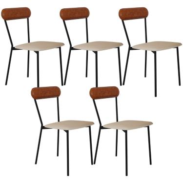 Imagem de Kit 05 Cadeiras Estofada Para Sala de Jantar Liora Preto C01 Linho Areia Courino Caramelo - Lyam Decor