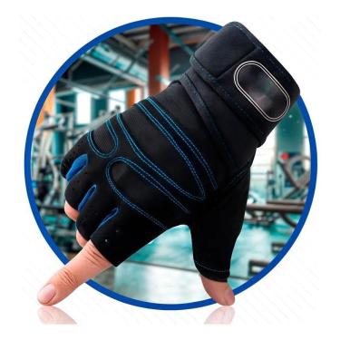 Imagem de Luva Academia Musculação Esporte Neop Preto  Detalhes Azul 