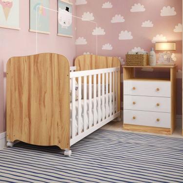 Imagem de Quarto de Bebê Completo Matteo 100% Mdf 3 Gavetas Branco/Amêndoa - Pnr Móveis
