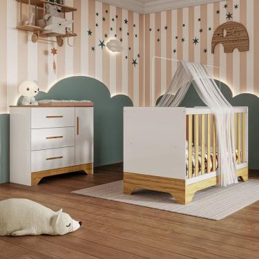 Imagem de Quarto de Bebê Completo Isadora 100% Mdf 1 Porta 3 Gavetas Branco/Amêndoa - Pnr Móveis
