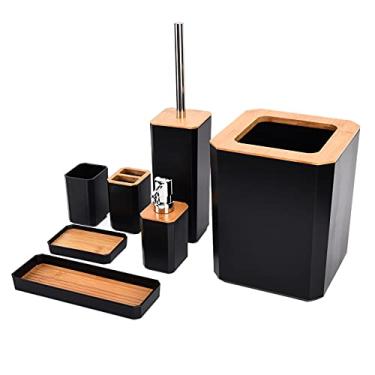 Imagem de ZJchao Conjuntos de Acessórios para o Banheiro Completos, Kit de Escova de Dentes de Caixa de 7pcs de 7pcs Inclui Lixo de Acessório de Banheiro Lixo de Pode Definir para a Bancada Decorativa (Preto)