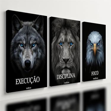 Imagem de Kit 3 Quadro Decorativo Disciplina Execução Foco Leão Motivação Luxo Premium (28x20cm)