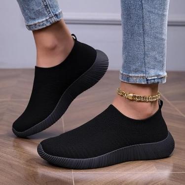 Imagem de Tênis de caminhada feminino, leve, atlético, casual, academia, sem cadarço, Preto, 35