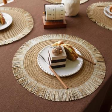 Imagem de Jogo americano de tecido redondo para mesa de jantar, jogo americano de juta natural com borlas, tapetes de mesa trançados boho resistentes ao calor para uso interno e externo, decoração de cozinha