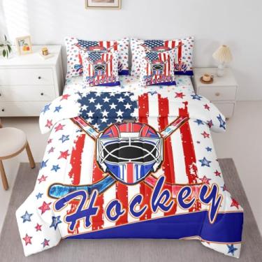 Imagem de Erosebridal Conjunto de edredom Queen para jogos de hóquei, 7 peças, capacete esportivo com bola, cama em uma bolsa, estrelado, bola de inverno, jogo de cama com grafite, branco, azul, vermelho