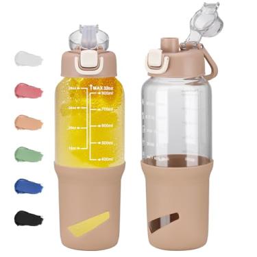 Imagem de SIEROZUR Garrafas de água de vidro de 946 ml com batedor de bola, coqueteleira para misturas de proteína, copo de vidro à prova de vazamento com 2 tampas e sem BPA, liquidificador para fitness, âmbar