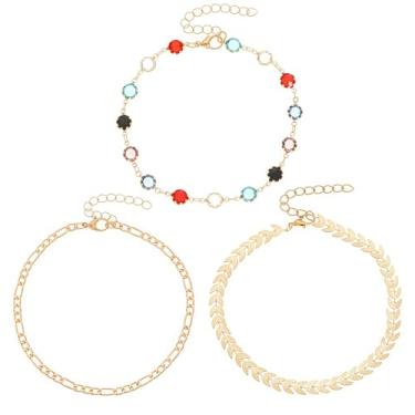 Imagem de Tornozeleira Boho em camadas douradas coloridas com contas de strass conjunto para mulheres hipoalergênico cubano grosso espinha de peixe clipe de papel corrente de ouro tornozeleira de verão