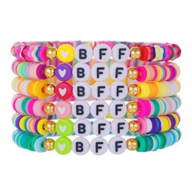Imagem de Fuqimanman2020 Conjunto de pulseiras elásticas coloridas da amizade para mulheres BESTIE Rainbow Heishi Surfer Clay Beaded Elastic Layering Best Friend Jewelry, Medium, Esmalte acrílico de zinco, Sem