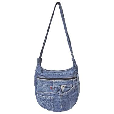 Imagem de Bijoux de Ja Bolsa tiracolo feminina com pregas jeans Upcycled, bolsa jeans feita à mão com alça ajustável e bolso, Azul, Medium