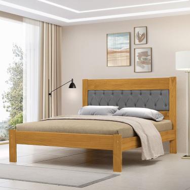 Imagem de Cama De Casal Viena Com Cabeceira Captonê Veludo Cinza Madeira Imbuia