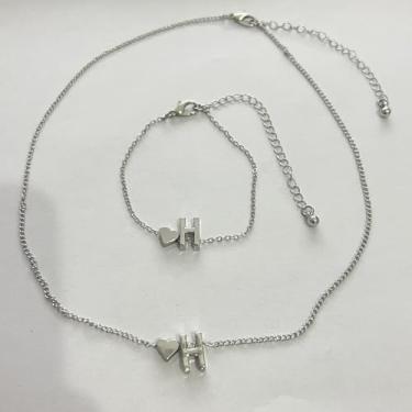 Imagem de Colar com pingente 96 conjunto de pulseiras de prata com inicial de coração banhado a prata com pingente de coração e pulseira de aniversário para mulheres, mãe, namorada